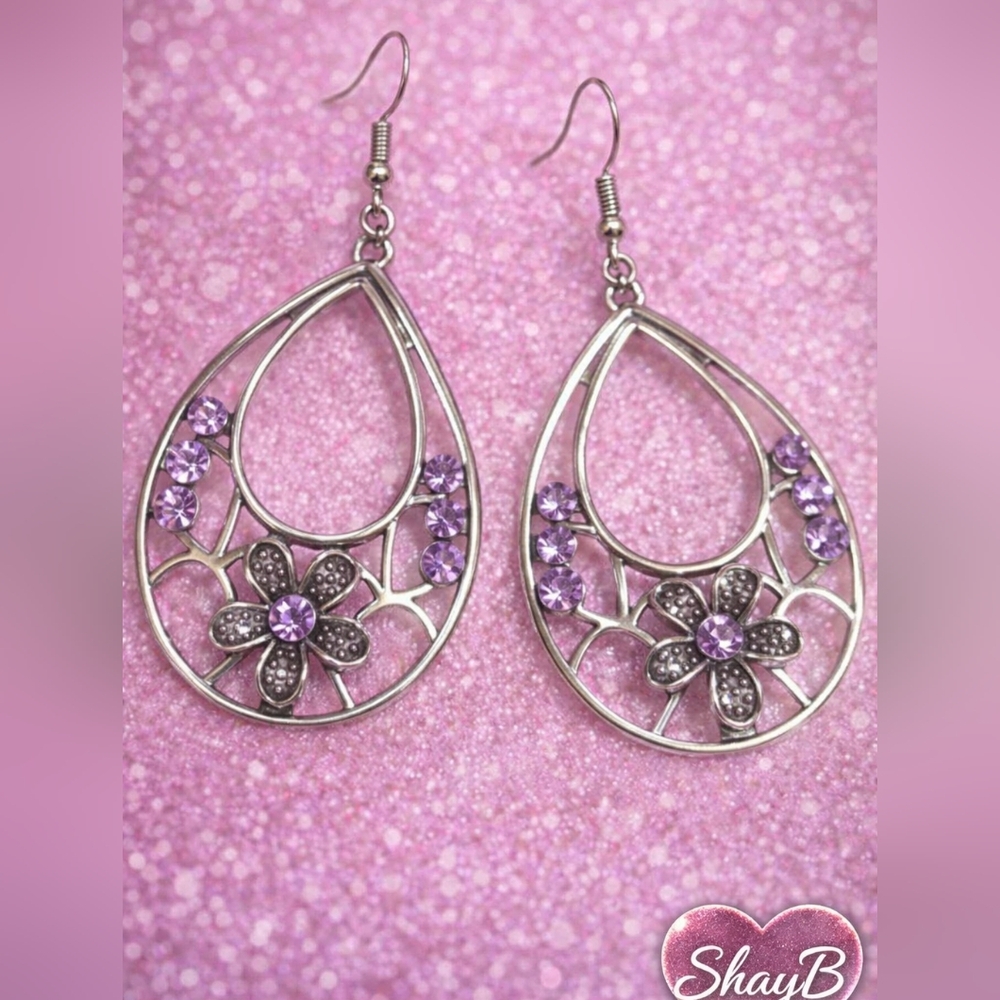 Silver and Purple Flower Teardrop Earrings